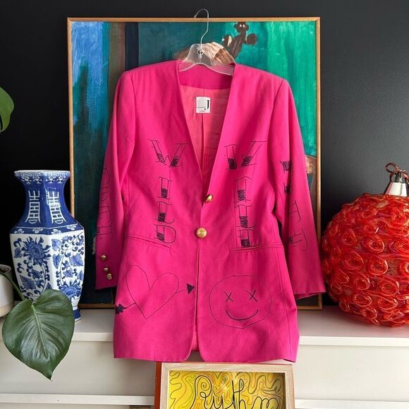Studio J Cool Wool Pink Reworked Hand Drawn Blazer Vtg 90s - Picture 2 of 16